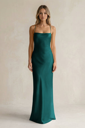 Sheath Satin Spaghetti Strap Bridesmaid Dress in Emerald - KISS BRIDAL Bridesmaid Dresses