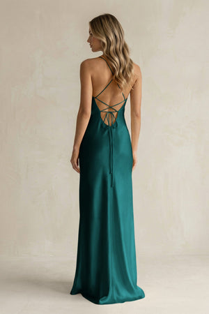 Sheath Satin Spaghetti Strap Bridesmaid Dress in Emerald - KISS BRIDAL Bridesmaid Dresses