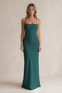 Sheath Satin Spaghetti Strap Bridesmaid Dress in Emerald | KISSBRIDAL