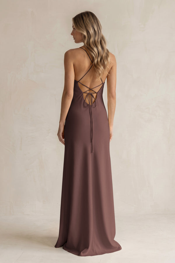 Sheath Satin Spaghetti Strap Bridesmaid Dress in Espresso (2) | KISSBRIDAL