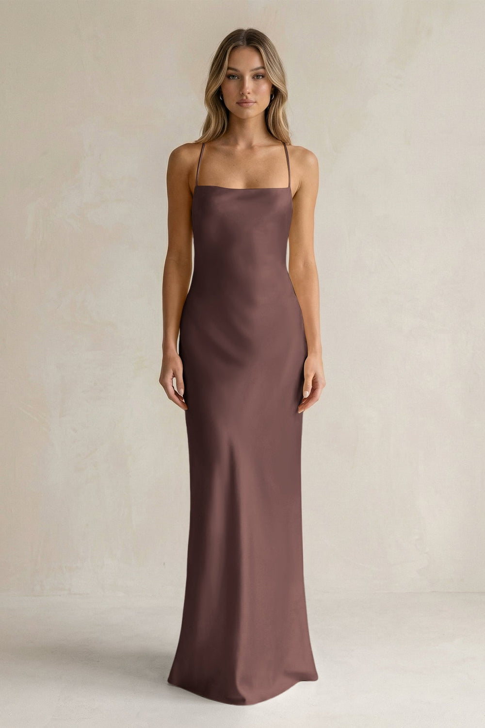 Sheath Satin Spaghetti Strap Bridesmaid Dress in Espresso - KISS BRIDAL Bridesmaid Dresses
