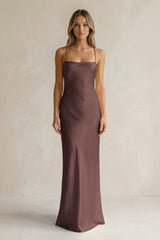 Sheath Satin Spaghetti Strap Bridesmaid Dress in Espresso - KISS BRIDAL Bridesmaid Dresses