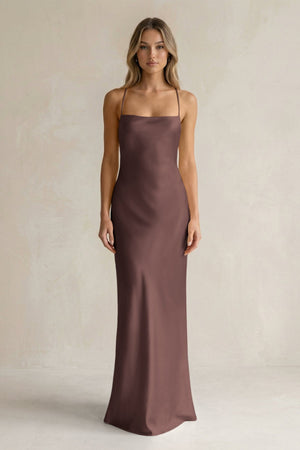 Sheath Satin Spaghetti Strap Bridesmaid Dress in Espresso - KISS BRIDAL Bridesmaid Dresses
