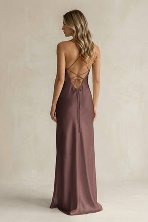 Sheath Satin Spaghetti Strap Bridesmaid Dress in Espresso - KISS BRIDAL Bridesmaid Dresses