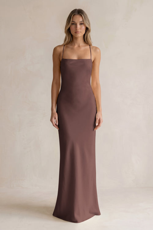 Sheath Satin Spaghetti Strap Bridesmaid Dress in Espresso | KISSBRIDAL