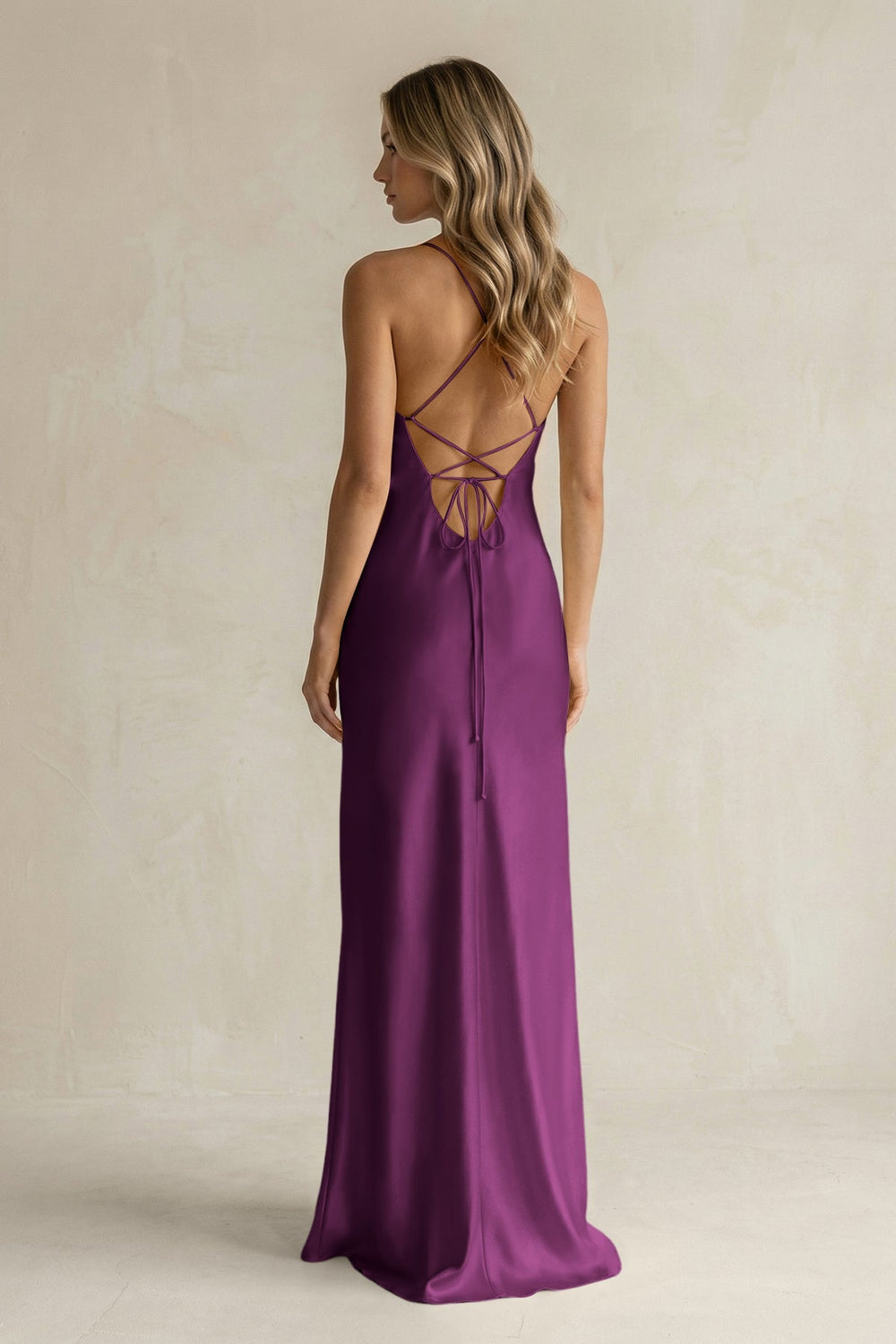 Sheath Satin Spaghetti Strap Bridesmaid Dress in Fig - KISS BRIDAL Bridesmaid Dresses