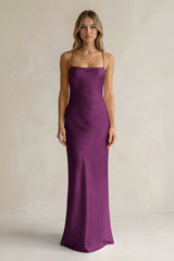 Sheath Satin Spaghetti Strap Bridesmaid Dress in Fig - KISS BRIDAL Bridesmaid Dresses