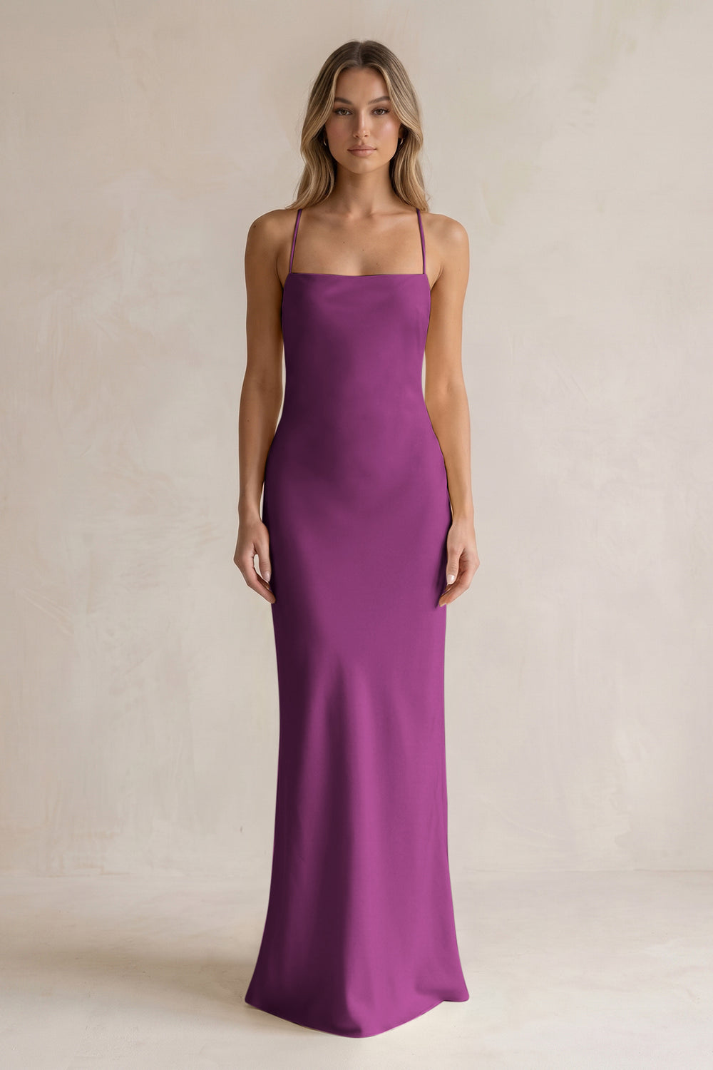 Sheath Satin Spaghetti Strap Bridesmaid Dress in Fig