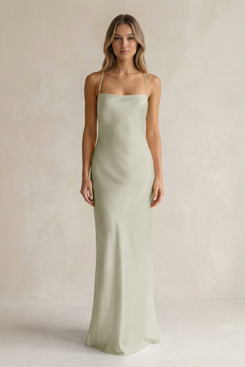 Sheath Satin Spaghetti Strap Bridesmaid Dress in Frost - KISS BRIDAL Bridesmaid Dresses