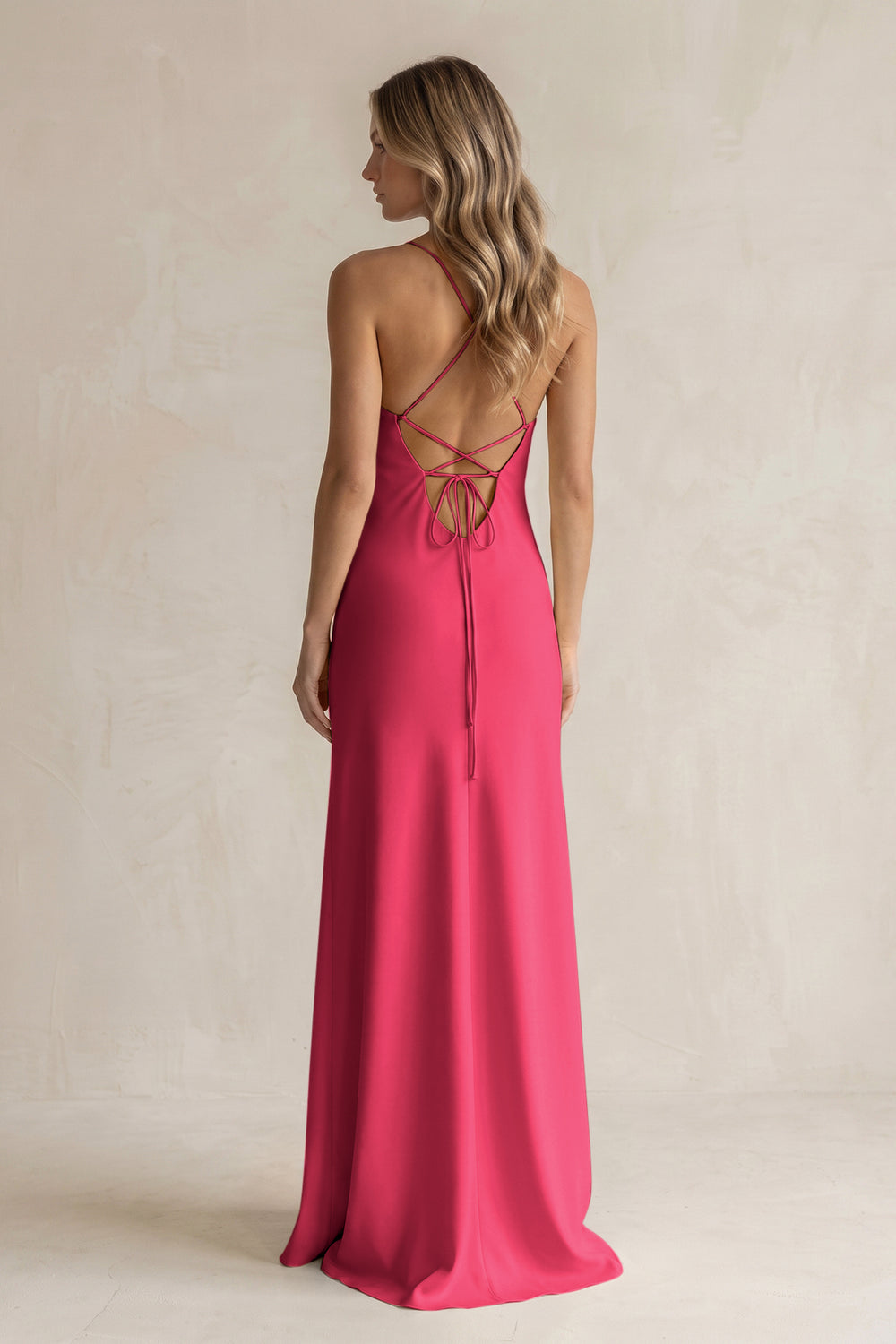 Sheath Satin Spaghetti Strap Bridesmaid Dress in Fuchsia