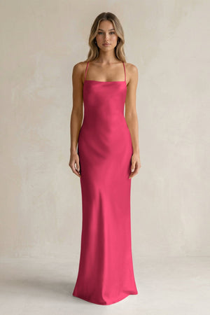 Sheath Satin Spaghetti Strap Bridesmaid Dress in Fuchsia - KISS BRIDAL Bridesmaid Dresses
