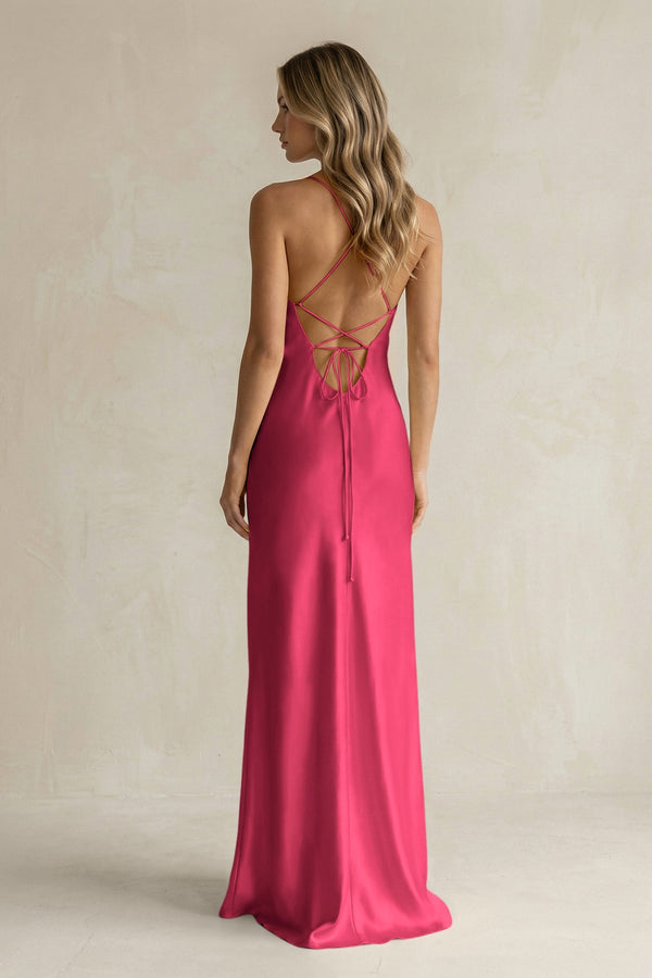 Sheath Satin Spaghetti Strap Bridesmaid Dress in Fuchsia - KISS BRIDAL Bridesmaid Dresses