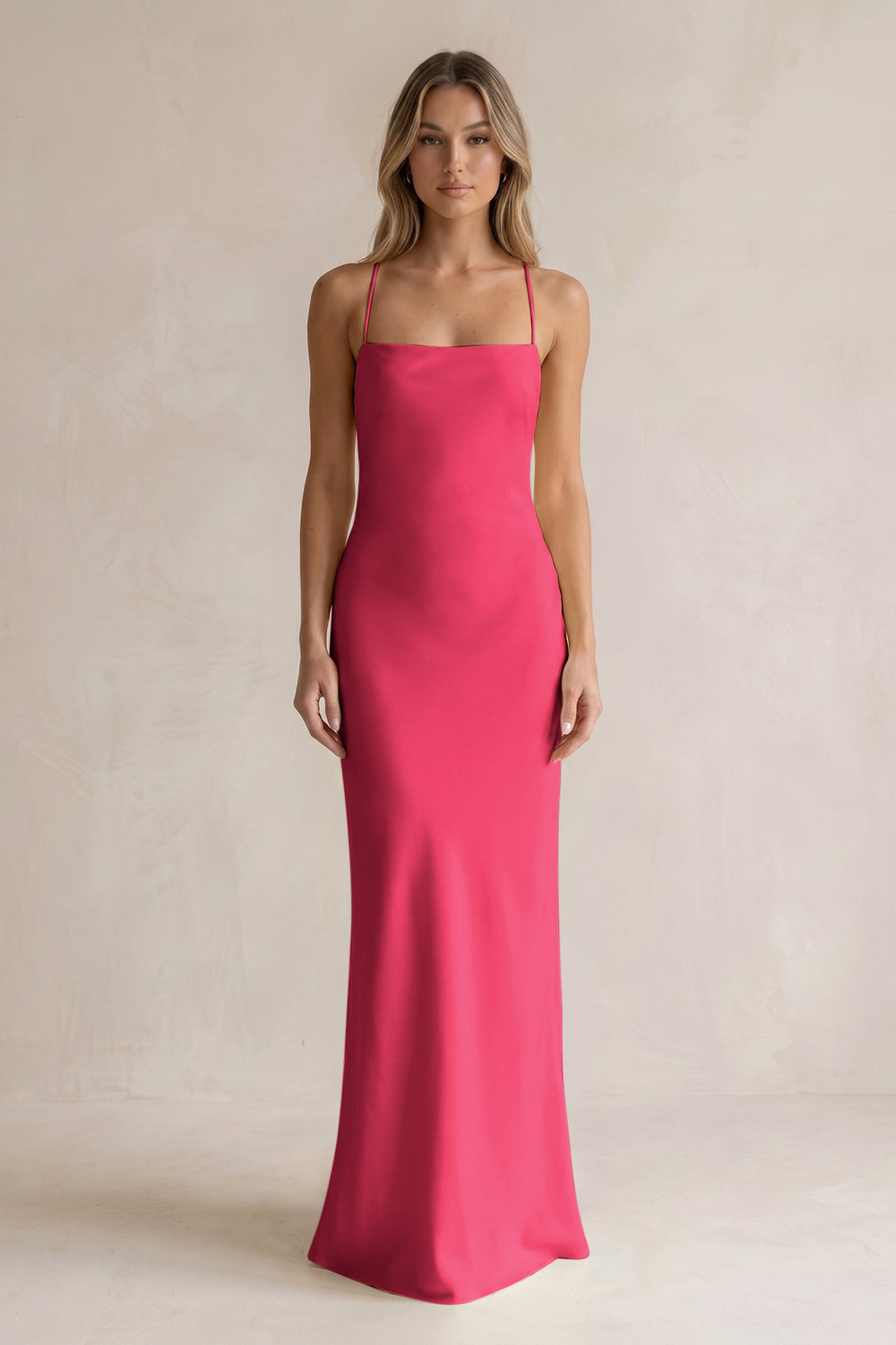Sheath Satin Spaghetti Strap Bridesmaid Dress in Fuchsia