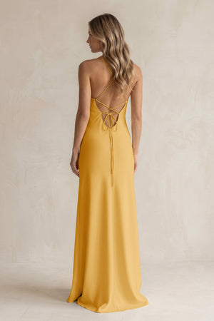 Sheath Satin Spaghetti Strap Bridesmaid Dress in Gold (2) | KISSBRIDAL