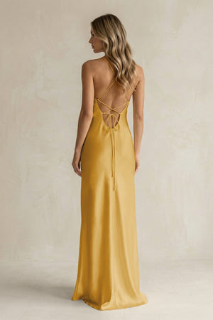 Sheath Satin Spaghetti Strap Bridesmaid Dress in Gold - KISS BRIDAL Bridesmaid Dresses