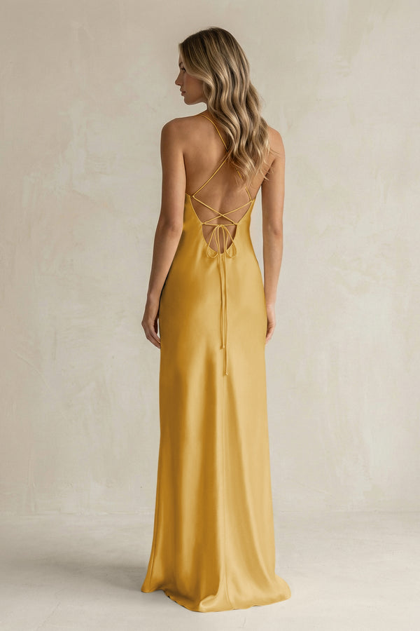 Sheath Satin Spaghetti Strap Bridesmaid Dress in Gold - KISS BRIDAL Bridesmaid Dresses