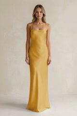 Sheath Satin Spaghetti Strap Bridesmaid Dress in Gold - KISS BRIDAL Bridesmaid Dresses