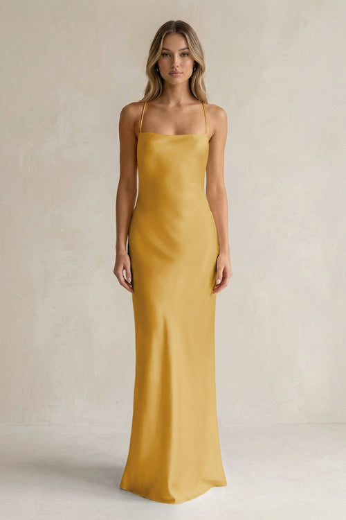 Sheath Satin Spaghetti Strap Bridesmaid Dress in Gold - KISS BRIDAL Bridesmaid Dresses