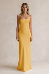 Sheath Satin Spaghetti Strap Bridesmaid Dress in Gold | KISSBRIDAL