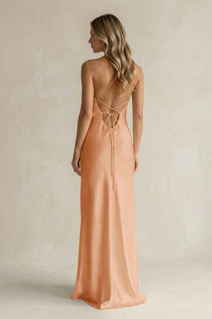 Sheath Satin Spaghetti Strap Bridesmaid Dress in Golden Champagne - KISS BRIDAL Bridesmaid Dresses