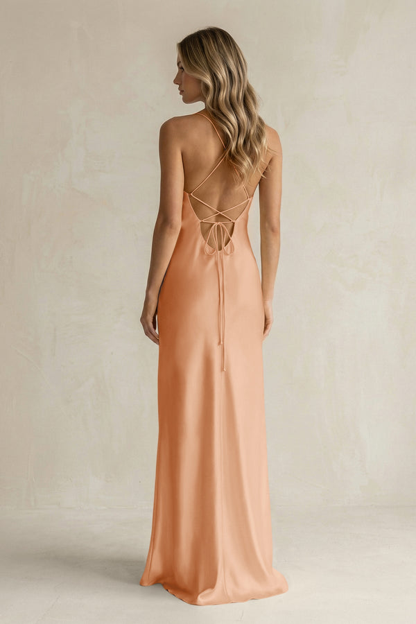 Sheath Satin Spaghetti Strap Bridesmaid Dress in Golden Champagne - KISS BRIDAL Bridesmaid Dresses
