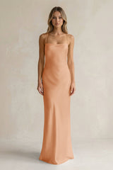 Sheath Satin Spaghetti Strap Bridesmaid Dress in Golden Champagne - KISS BRIDAL Bridesmaid Dresses