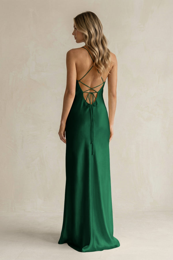 Sheath Satin Spaghetti Strap Bridesmaid Dress in Green - KISS BRIDAL Bridesmaid Dresses
