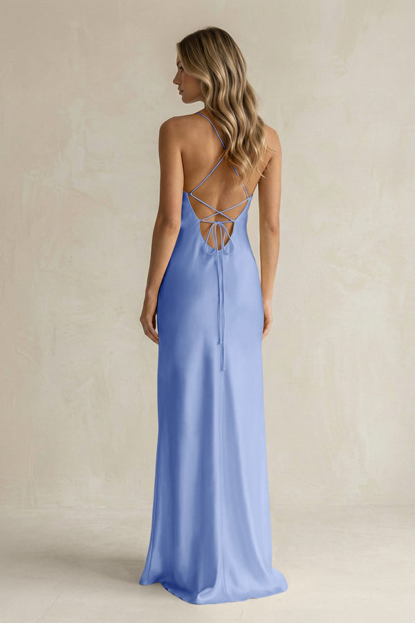 Sheath Satin Spaghetti Strap Bridesmaid Dress in Ice - KISS BRIDAL Bridesmaid Dresses