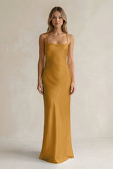 Sheath Satin Spaghetti Strap Bridesmaid Dress in Marigold - KISS BRIDAL Bridesmaid Dresses