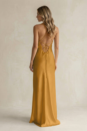Sheath Satin Spaghetti Strap Bridesmaid Dress in Marigold - KISS BRIDAL Bridesmaid Dresses