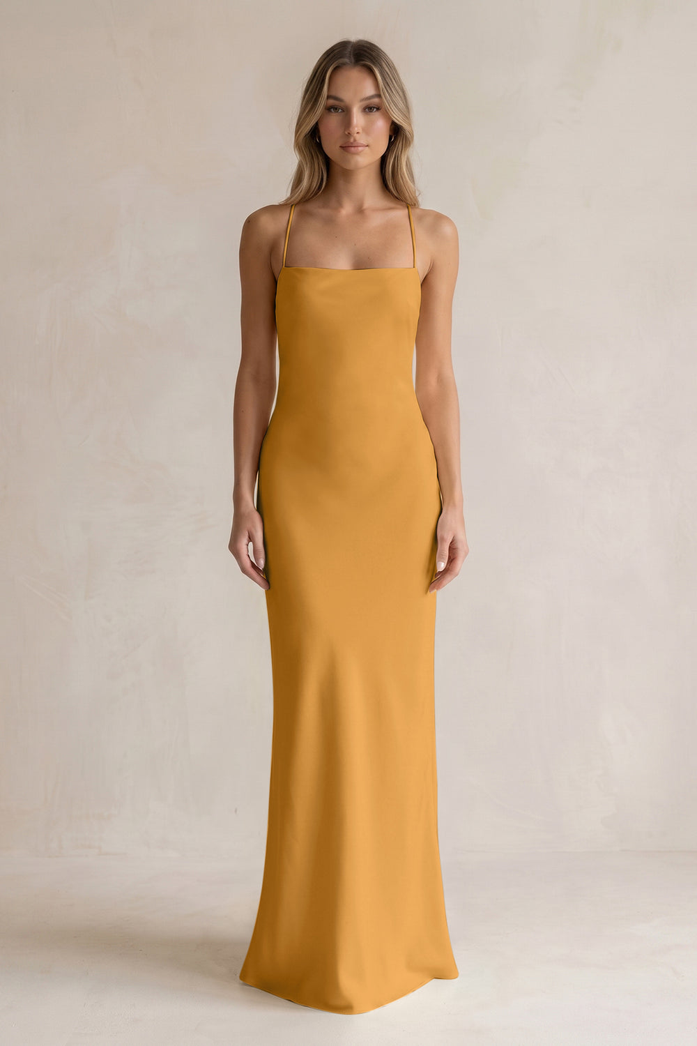 Sheath Satin Spaghetti Strap Bridesmaid Dress in Marigold