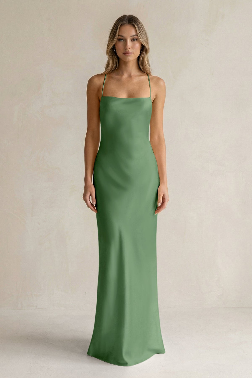 Sheath Satin Spaghetti Strap Bridesmaid Dress in Matcha - KISS BRIDAL Bridesmaid Dresses
