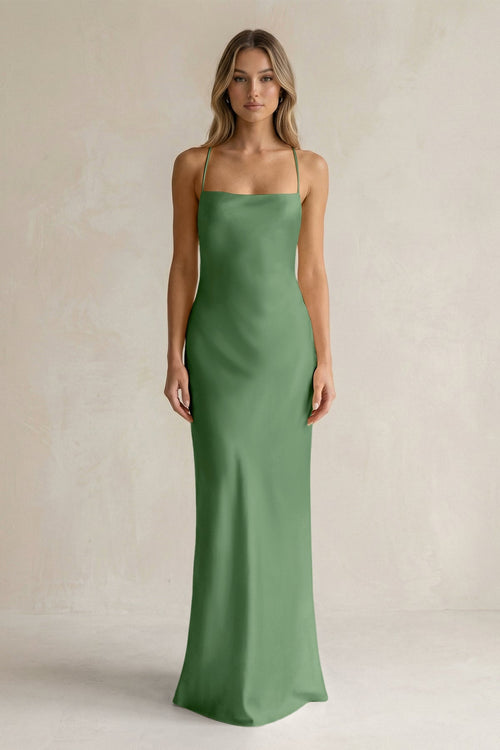 Sheath Satin Spaghetti Strap Bridesmaid Dress in Matcha - KISS BRIDAL Bridesmaid Dresses