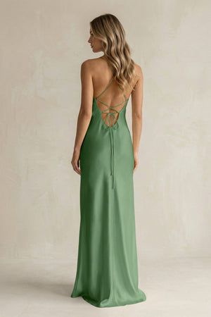 Sheath Satin Spaghetti Strap Bridesmaid Dress in Matcha - KISS BRIDAL Bridesmaid Dresses