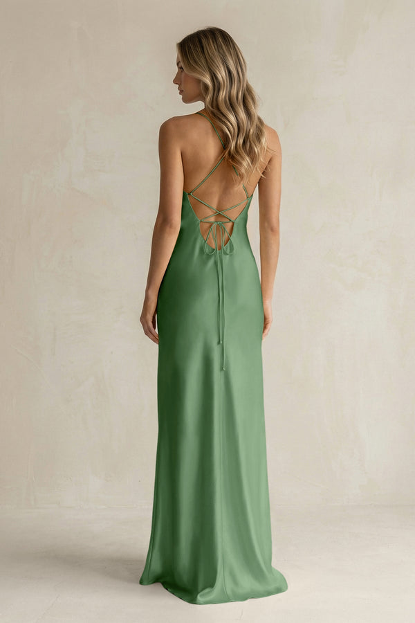 Sheath Satin Spaghetti Strap Bridesmaid Dress in Matcha - KISS BRIDAL Bridesmaid Dresses