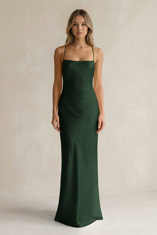 Sheath Satin Spaghetti Strap Bridesmaid Dress in Moss - KISS BRIDAL Bridesmaid Dresses
