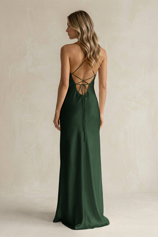 Sheath Satin Spaghetti Strap Bridesmaid Dress in Moss - KISS BRIDAL Bridesmaid Dresses