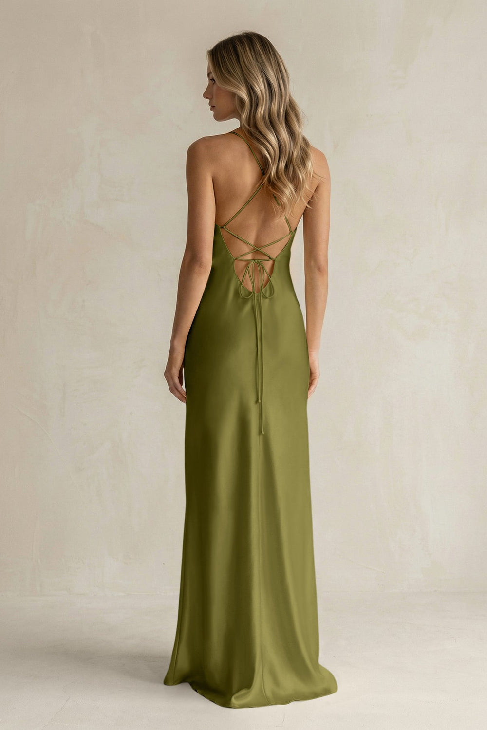 Sheath Satin Spaghetti Strap Bridesmaid Dress in Moss Green - KISS BRIDAL Bridesmaid Dresses