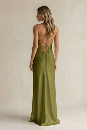 Sheath Satin Spaghetti Strap Bridesmaid Dress in Moss Green - KISS BRIDAL Bridesmaid Dresses