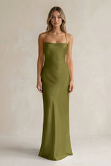 Sheath Satin Spaghetti Strap Bridesmaid Dress in Moss Green - KISS BRIDAL Bridesmaid Dresses
