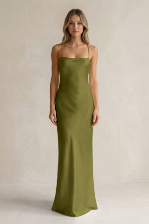 Sheath Satin Spaghetti Strap Bridesmaid Dress in Moss Green - KISS BRIDAL Bridesmaid Dresses