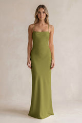 Sheath Satin Spaghetti Strap Bridesmaid Dress in Moss Green | KISSBRIDAL