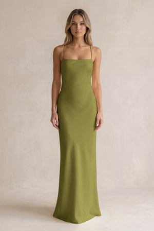 Sheath Satin Spaghetti Strap Bridesmaid Dress in Moss Green | KISSBRIDAL