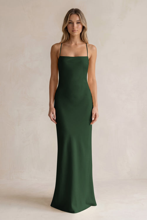Sheath Satin Spaghetti Strap Bridesmaid Dress in Moss | KISSBRIDAL