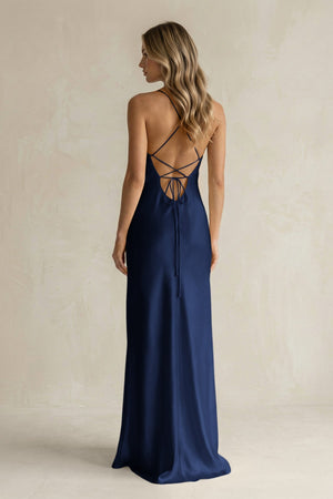 Sheath Satin Spaghetti Strap Bridesmaid Dress in Navy - KISS BRIDAL Bridesmaid Dresses