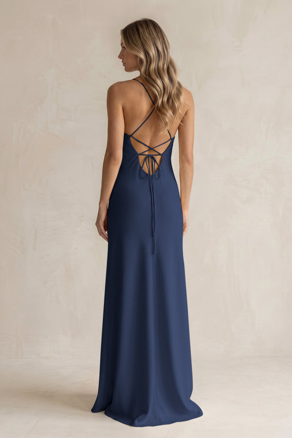 Sheath Satin Spaghetti Strap Bridesmaid Dress in Navy (2) | KISSBRIDAL