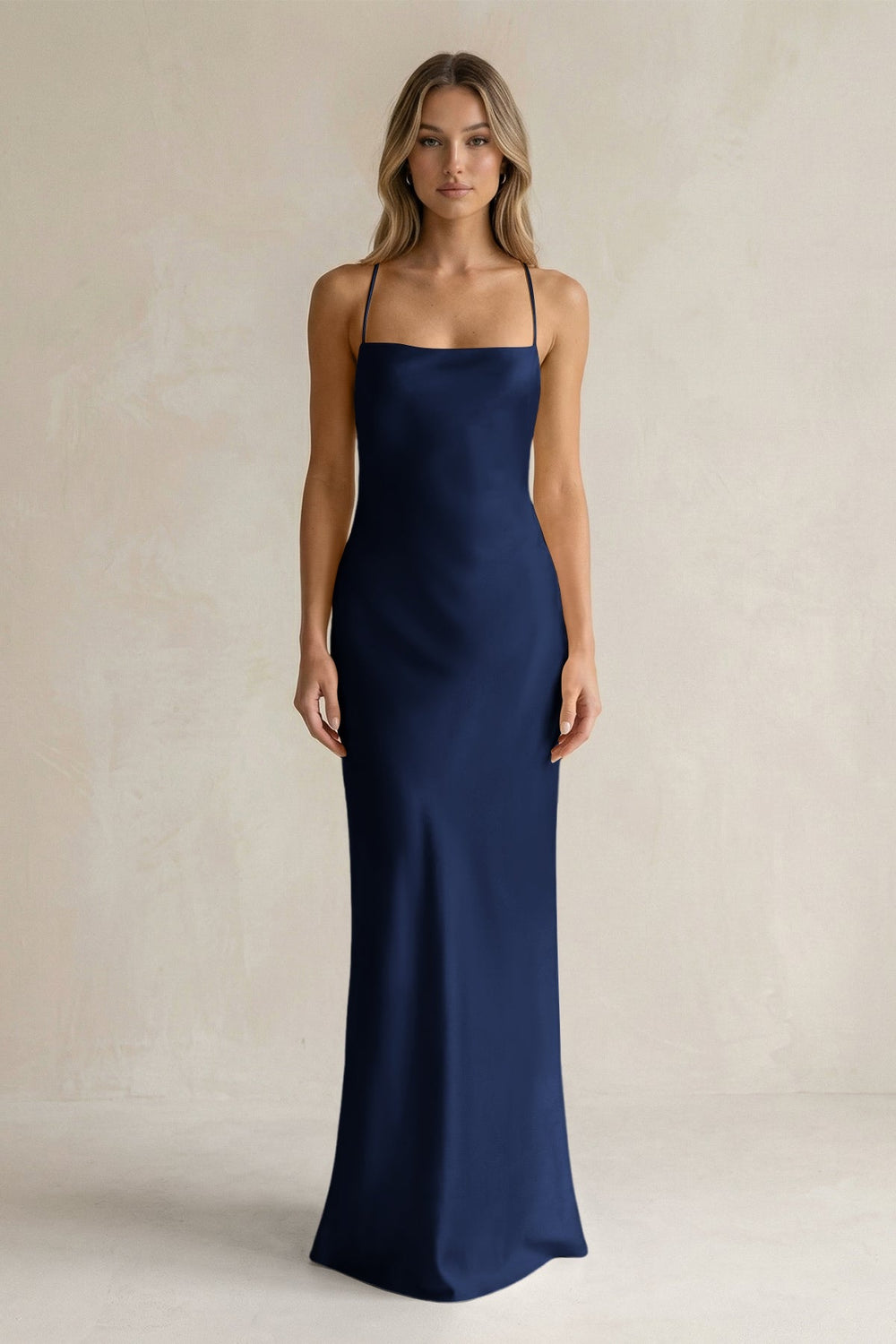 Sheath Satin Spaghetti Strap Bridesmaid Dress in Navy - KISS BRIDAL Bridesmaid Dresses