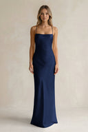Sheath Satin Spaghetti Strap Bridesmaid Dress in Navy - KISS BRIDAL Bridesmaid Dresses