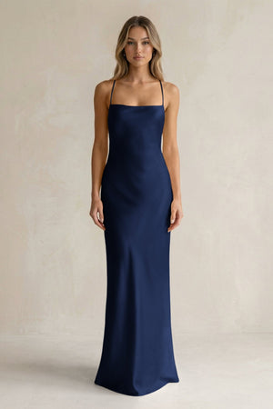 Sheath Satin Spaghetti Strap Bridesmaid Dress in Navy - KISS BRIDAL Bridesmaid Dresses