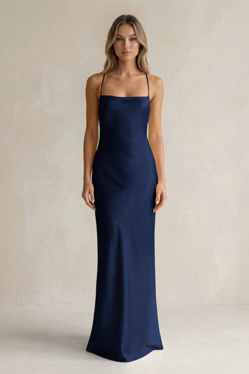 Sheath Satin Spaghetti Strap Bridesmaid Dress in Navy - KISS BRIDAL Bridesmaid Dresses